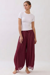 Crinkled Wide Leg Lace Trim Pants