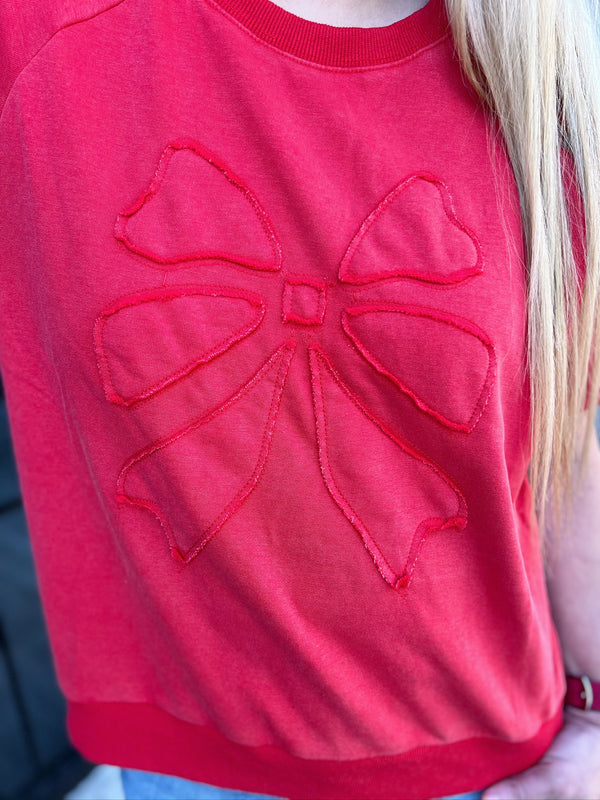Red Tonal Patch Bow Short Sleeve Sweatshirt