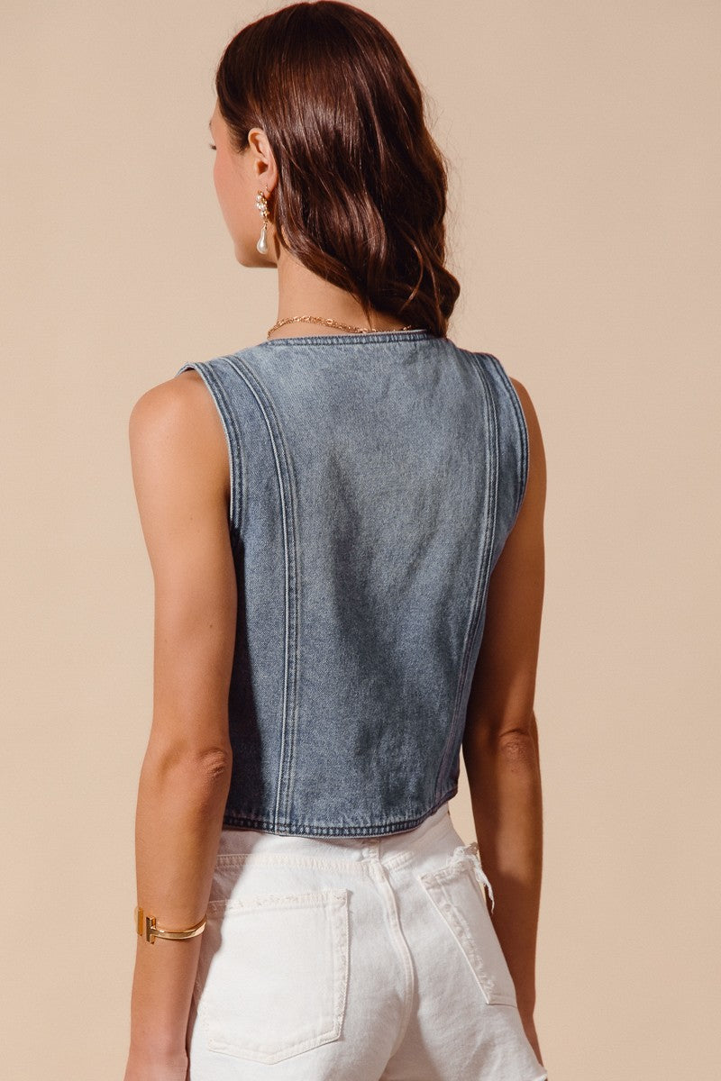 Vintage Wash Denim Button Up Vest with Pockets