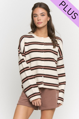 Curvy Cream Fine Stripe Knit Cardigan