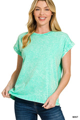 Crinkle Wash Round Neck Folded Short Sleeve Tee