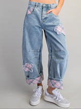 Denim Floral Patch Barrel Jeans