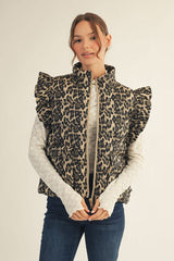 Leopard Ruffle Zip Up Vest With Pockets