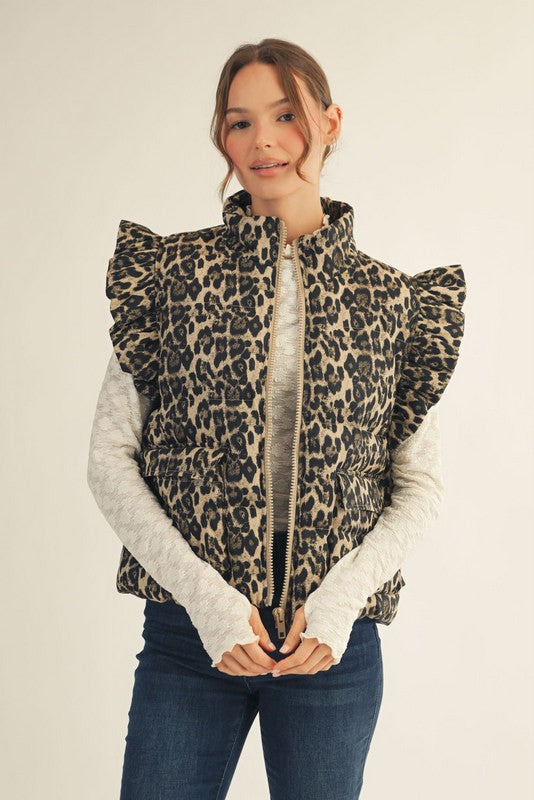 Leopard Ruffle Zip Up Vest With Pockets