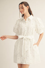 White Eyelet Collared Dress