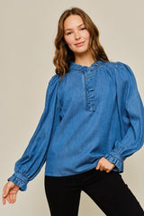 Denim Long Puff Sleeve with Ruffle Detail Top