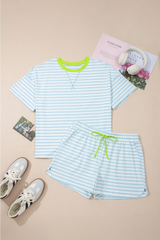 Blue Striped Tee and Drawstring Shorts Set