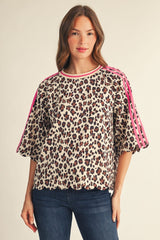 Leopard Print Scallop Edge Pink Accent Top