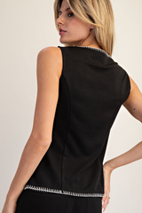 Black Whipstitch Trim Button Down Vest