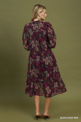 Curvy Burgundy Floral Collard Tiered Midi Dress