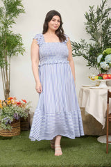 Curvy Blue Stripe Smocked Ruffle Trim Dress