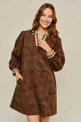 Brown Floral Long Puff Sleeve V Neck Dress