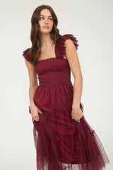 Burgundy Polka Dot Print tulle Tiered Midi Dress