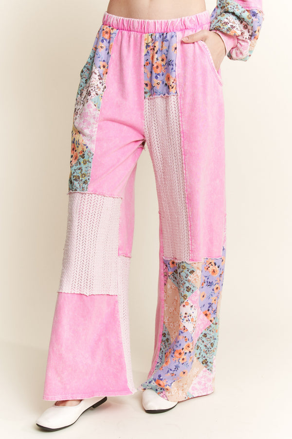 Pink Mineral Washed Floral WaveKnit Wide Leg Pants