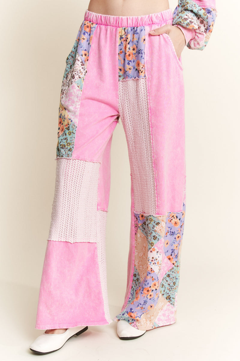 Pink Mineral Washed Floral WaveKnit Wide Leg Pants