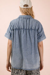 Oversized Mineral Wash Button Front Chambray Top
