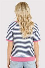 Blue Striped Pink Banded Trim Top