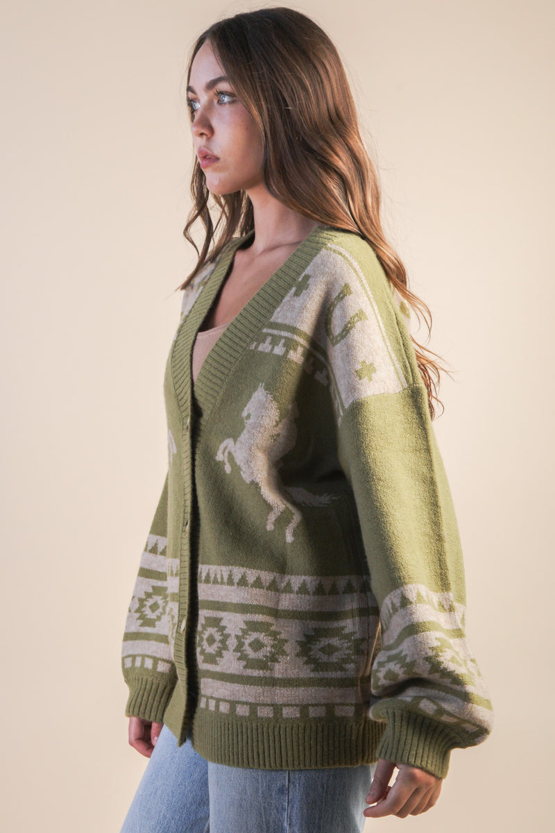 Olive Oversized Western Cardigan