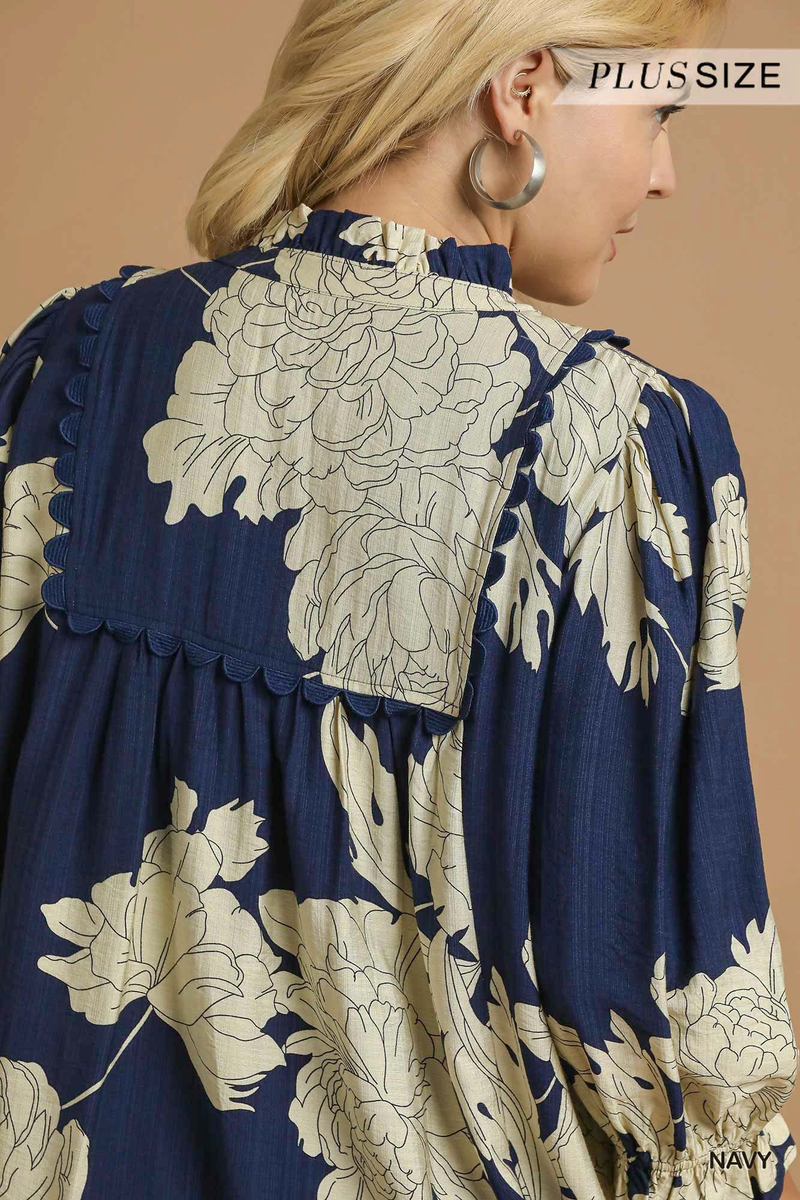 Curvy Navy Floral Tiered Babydoll Dress