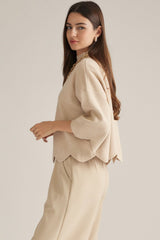 Oatmeal Mock Neck Scallop Hem Sweater
