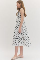 Polka Dot Tie Shoulder Scallop Trim Midi Dress