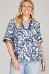 Curvy Blue Printed V-neck Top