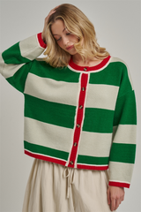 Green Wide Stripe Red Contrast Cardigan