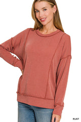 Corded Rib Long Sleeve Round Neck Pullover
