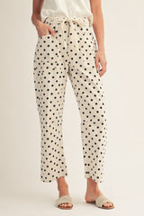 Beige Drawstring Waist Polka Dot Barrel Pants