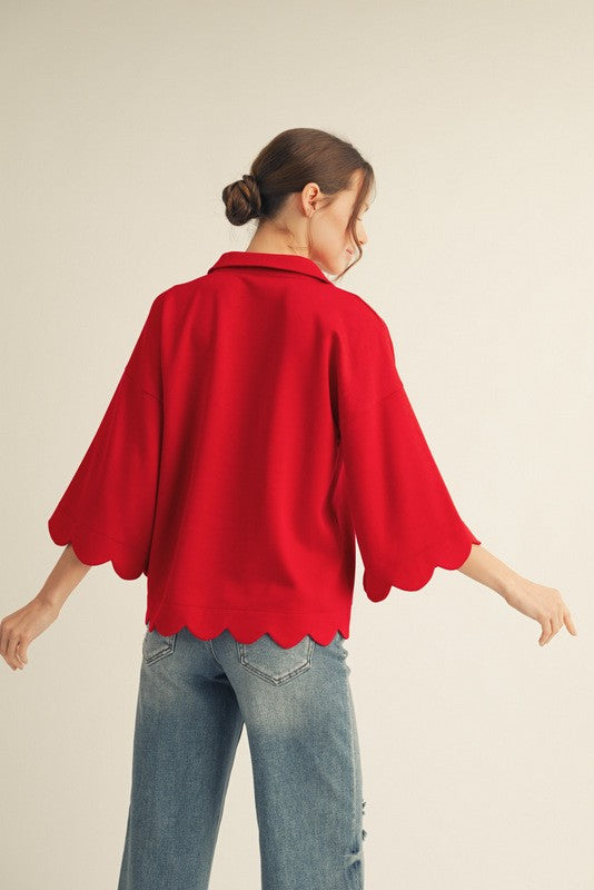 Scalloped Edge 3/4 Sleeve Top