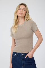 Washed Ribbed Knit Short Sleeve Top