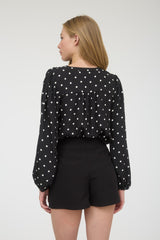 Black Polka Dot Blouse With Cinched Sleeves
