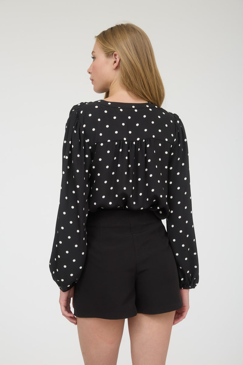 Black Polka Dot Blouse With Cinched Sleeves