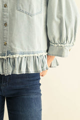 Washed Denim Button Down Ruffle Hem Top