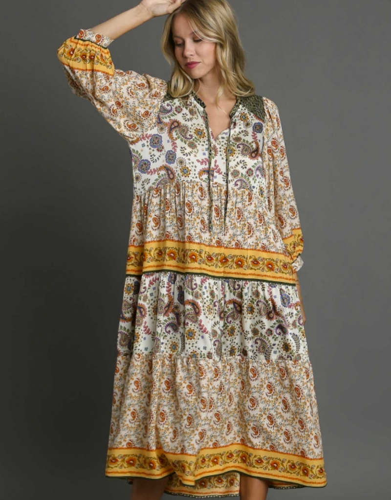 Mixed Paisley Print Midi Dress