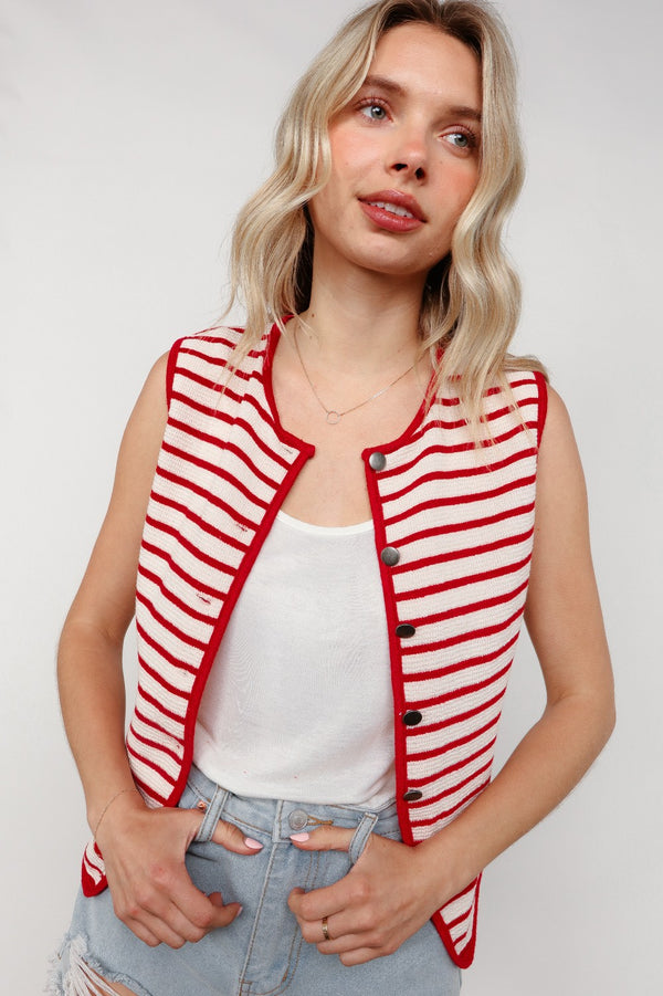 Red and White Textured Button Down Vest