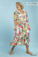 Curvy Cream Paisley Print V Neck Dress