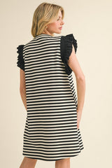 Black and White Stripe Dress with Black Ruffle Shoulder