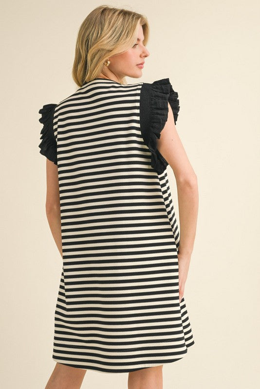 Black and White Stripe Dress with Black Ruffle Shoulder