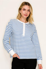 Sky Blue Striped Crew Neck Half Button Down Top