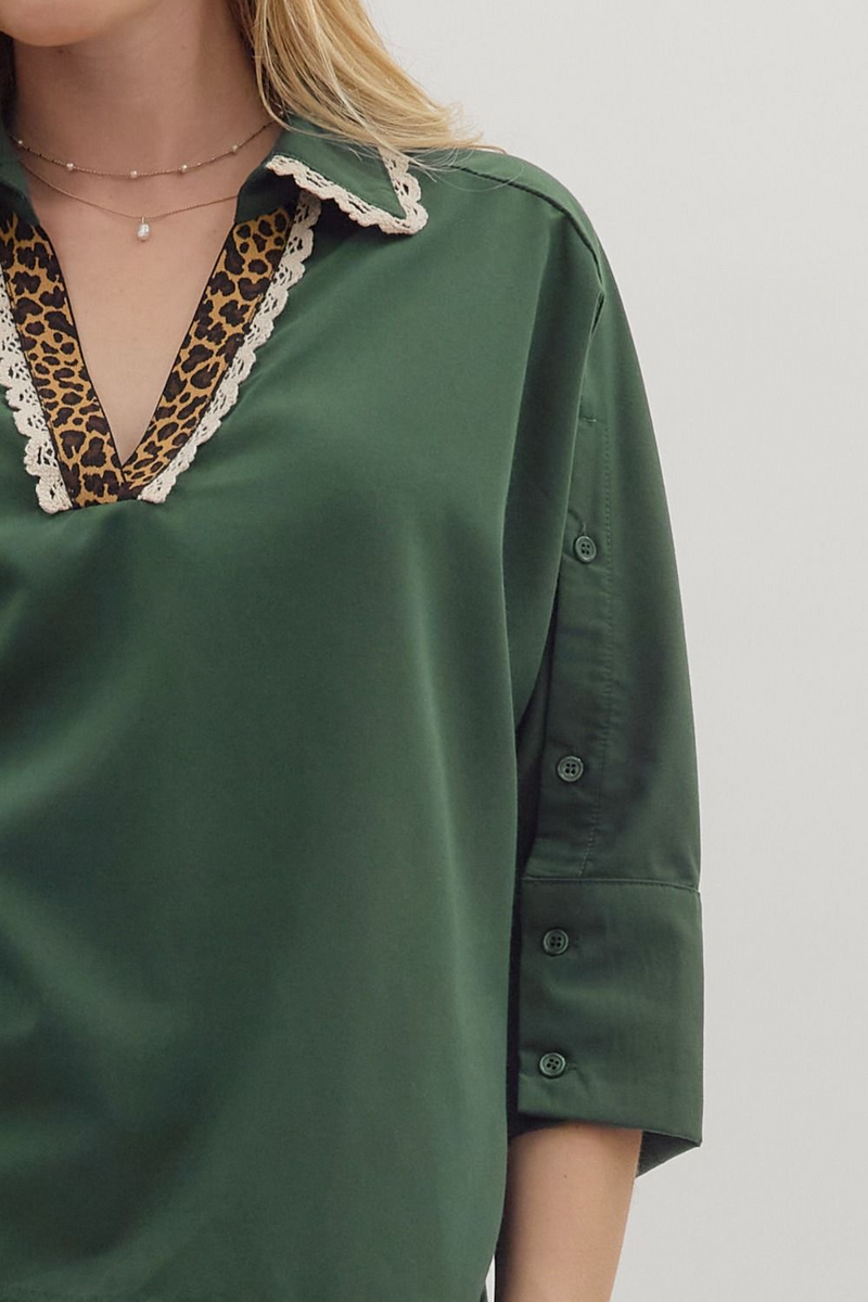 Green Leopard and Lace Collared Shirt