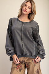 Ash Long Sleeve Crochet Mix Washed Terry Pullover
