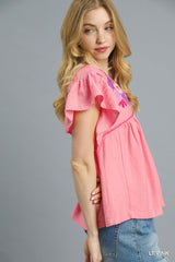 Pink V-Neck Multi Color Embroidery Ruffle Sleeve