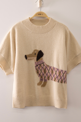 Cream Dachshund Graphic Short Sleeve Sweater
