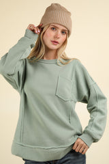 Curvy Mixed Material Outstitched Front Pocket Pullover