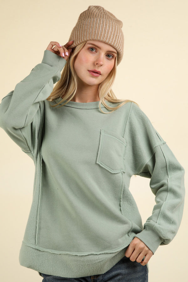 Curvy Mixed Material Outstitched Front Pocket Pullover