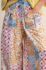 Patchwork Wide Leg Ruffle Hem Pants