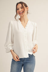 Off White Puff Sleeve Ruffled Neck Top