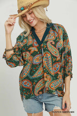Teal Paisley Print Contrast Collar Top