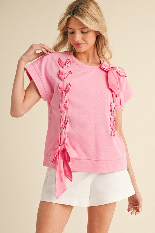 Pink Lace Up Bow Drop Sleeve Top